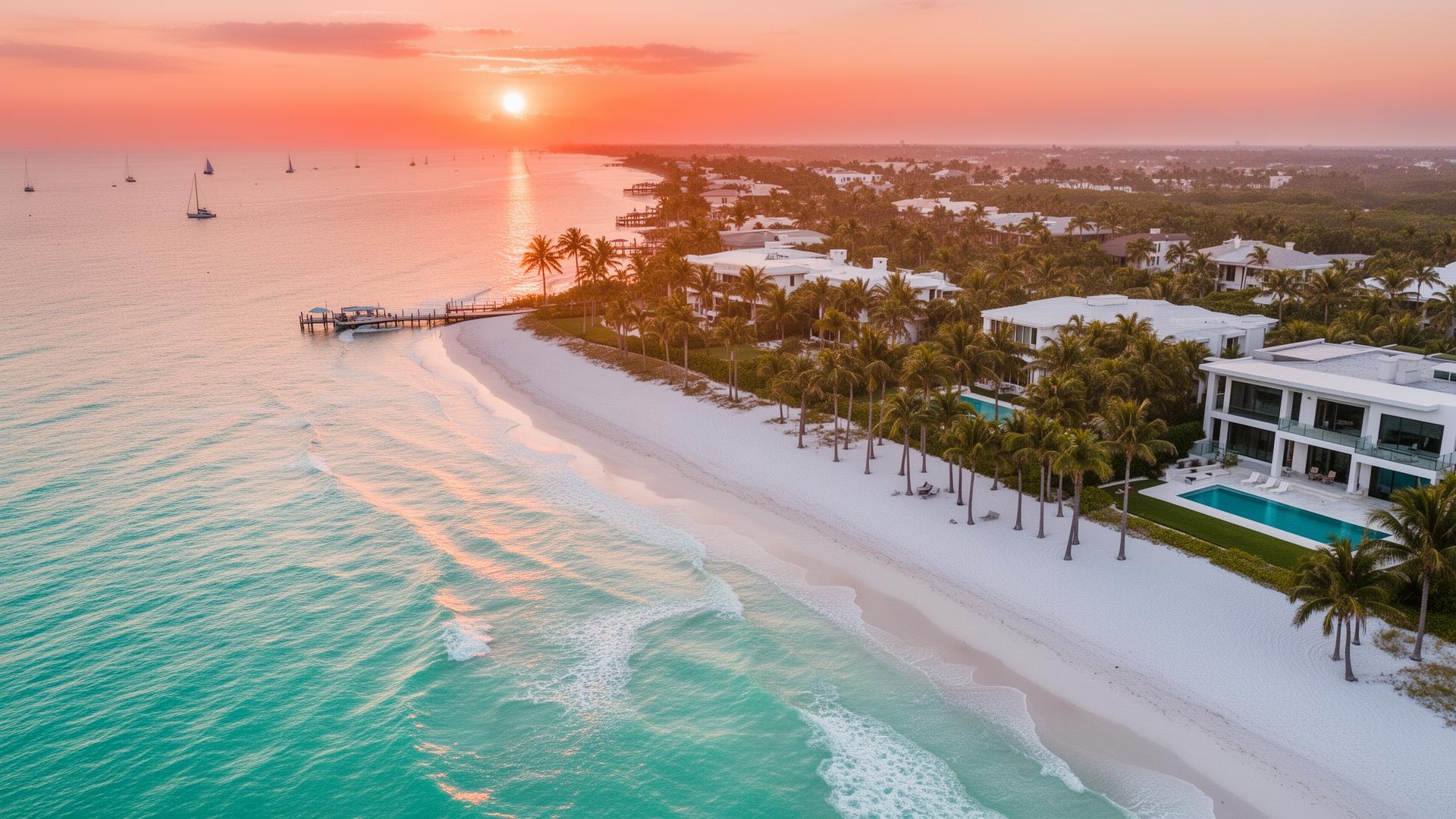 Aerial view of Florida Gulf Coast at sunset with turquoise water, palms and luxury waterfront homes